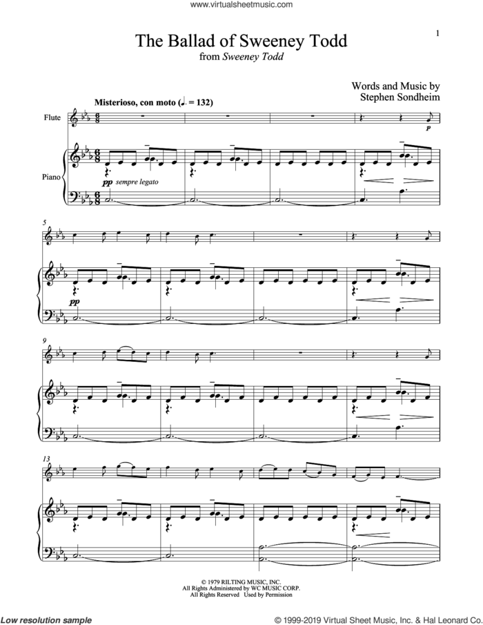 The Ballad Of Sweeney Todd (from Sweeney Todd) sheet music for flute and piano by Stephen Sondheim, intermediate skill level