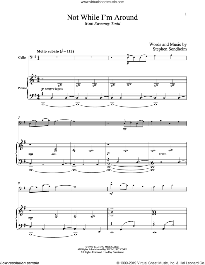 Not While I'm Around (from Sweeney Todd) sheet music for cello and piano by Stephen Sondheim, intermediate skill level