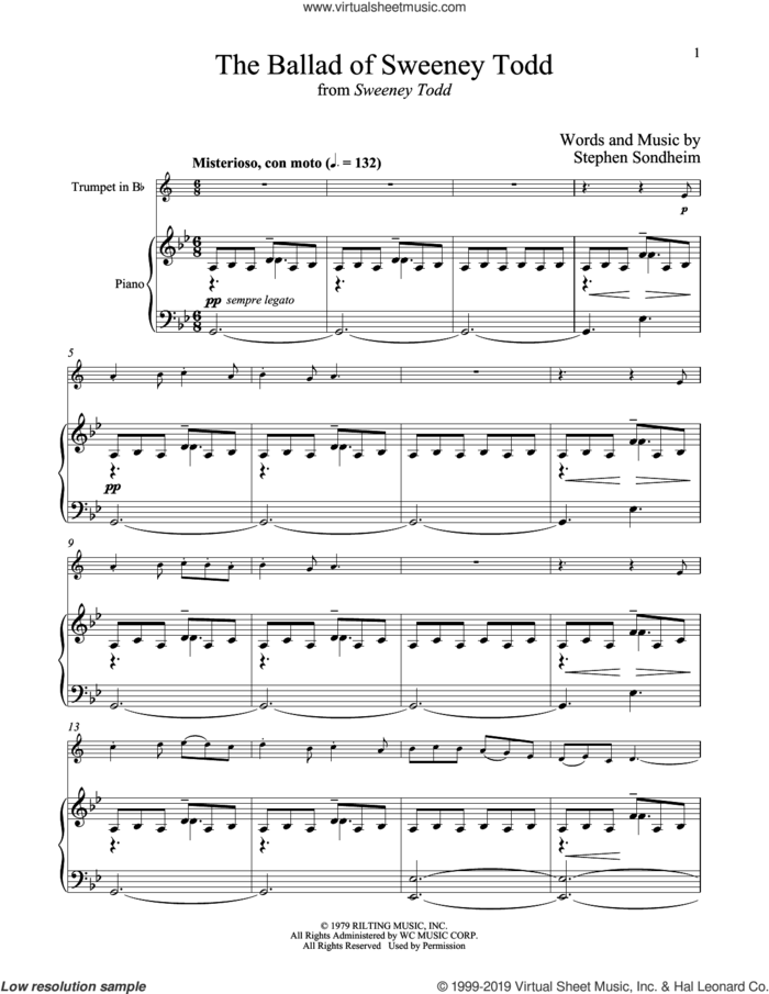 The Ballad Of Sweeney Todd (from Sweeney Todd) sheet music for trumpet and piano by Stephen Sondheim, intermediate skill level