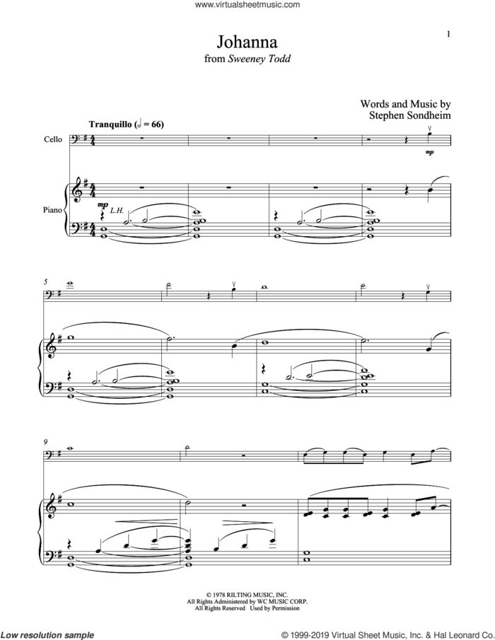 Johanna (from Sweeney Todd) sheet music for cello and piano by Stephen Sondheim, intermediate skill level