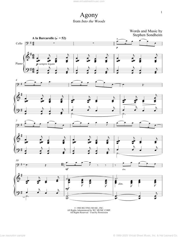 Agony (from Into The Woods) sheet music for cello and piano by Stephen Sondheim, intermediate skill level