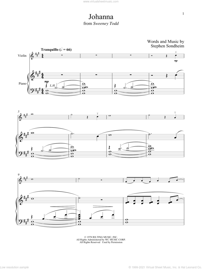 Johanna (from Sweeney Todd) sheet music for violin and piano by Stephen Sondheim, intermediate skill level
