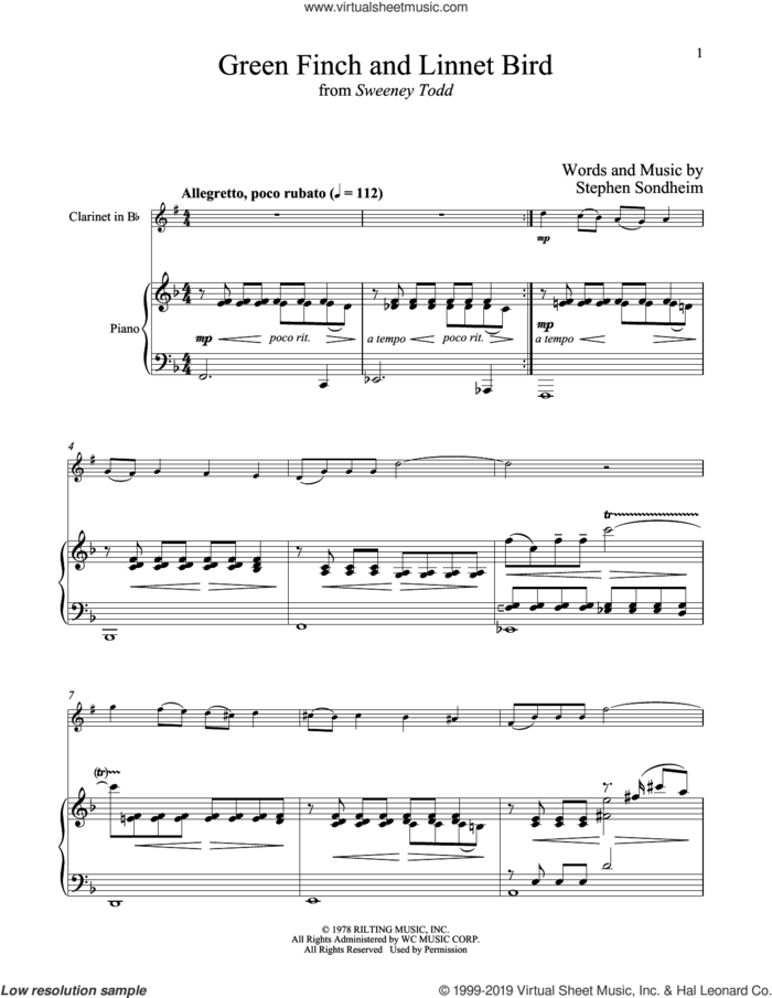 Green Finch And Linnet Bird (from Sweeney Todd) sheet music for clarinet and piano by Stephen Sondheim, intermediate skill level