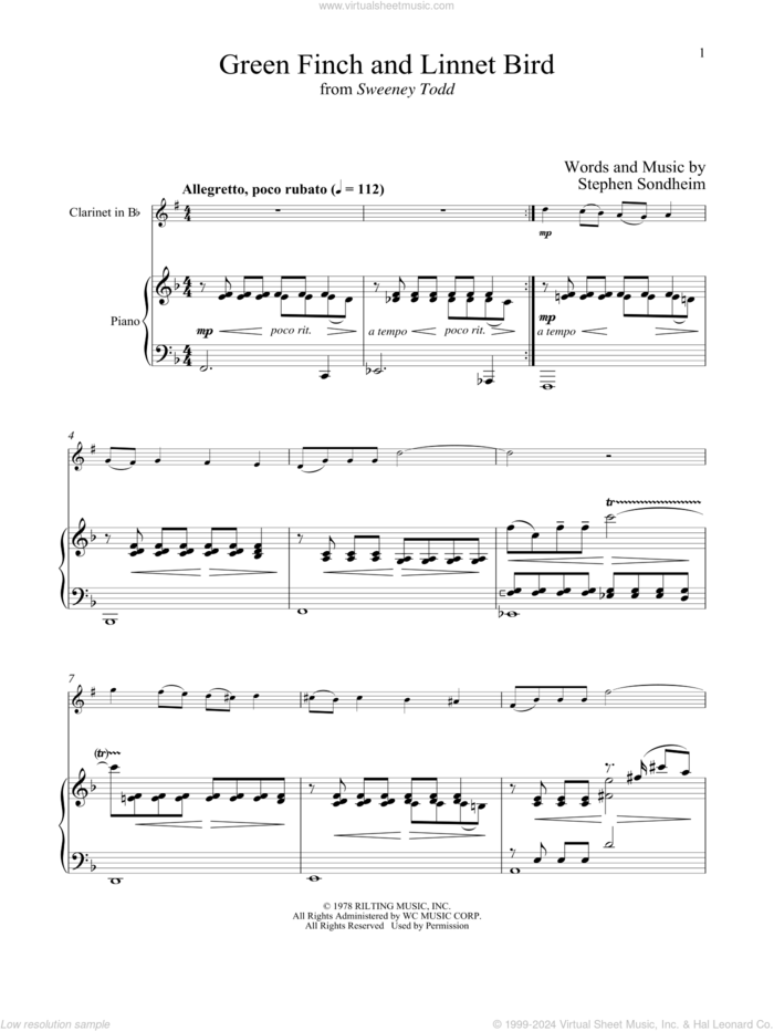 Green Finch And Linnet Bird (from Sweeney Todd) sheet music for clarinet and piano by Stephen Sondheim, intermediate skill level