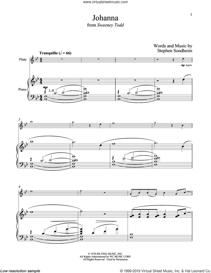 Johanna (from Sweeney Todd) sheet music for flute and piano by Stephen Sondheim, intermediate skill level