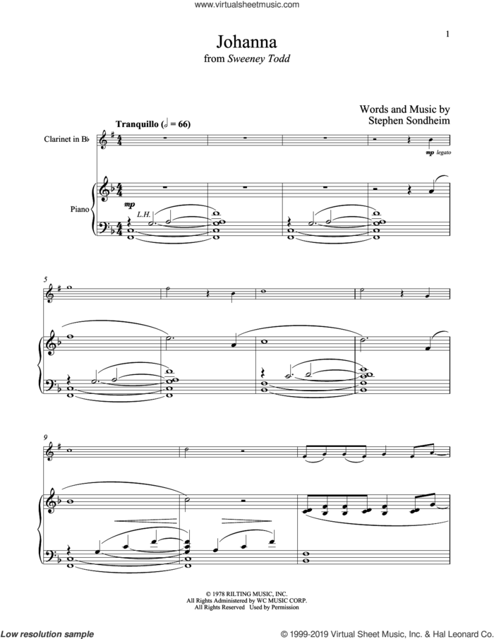 Johanna (from Sweeney Todd) sheet music for clarinet and piano by Stephen Sondheim, intermediate skill level