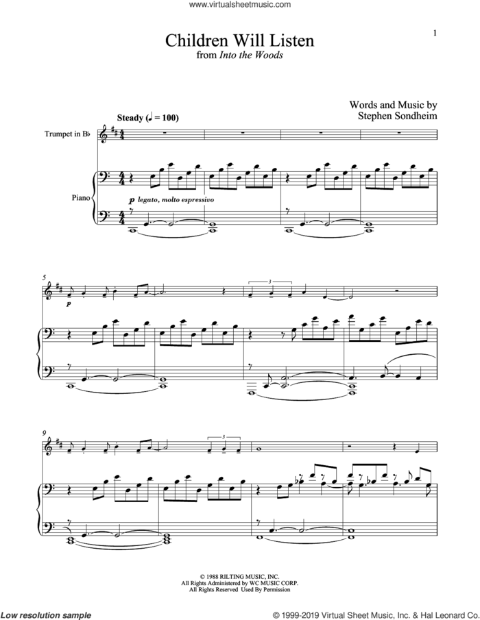 Children Will Listen (from Into The Woods) sheet music for trumpet and piano by Stephen Sondheim, intermediate skill level
