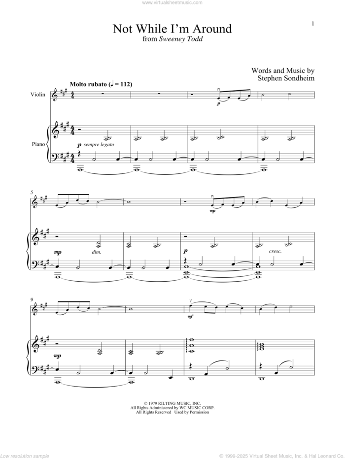 Not While I'm Around (from Sweeney Todd) sheet music for violin and piano by Stephen Sondheim, intermediate skill level