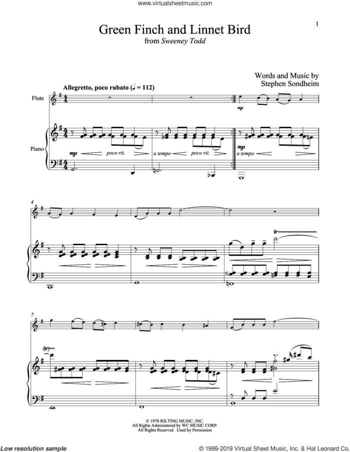 Green Finch And Linnet Bird (from Sweeney Todd) sheet music for flute and piano by Stephen Sondheim, intermediate skill level