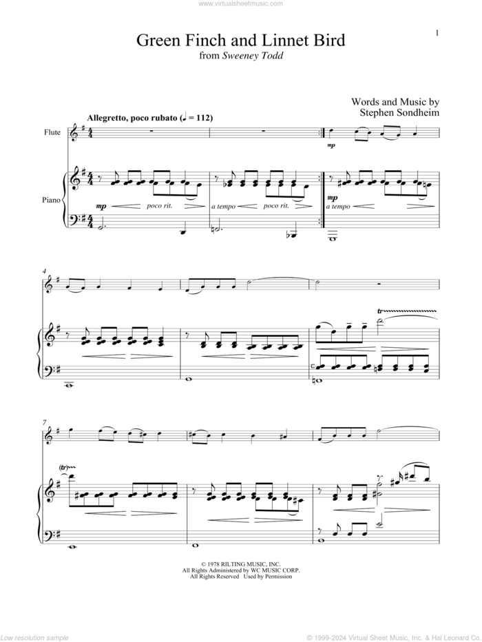 Green Finch And Linnet Bird (from Sweeney Todd) sheet music for flute and piano by Stephen Sondheim, intermediate skill level