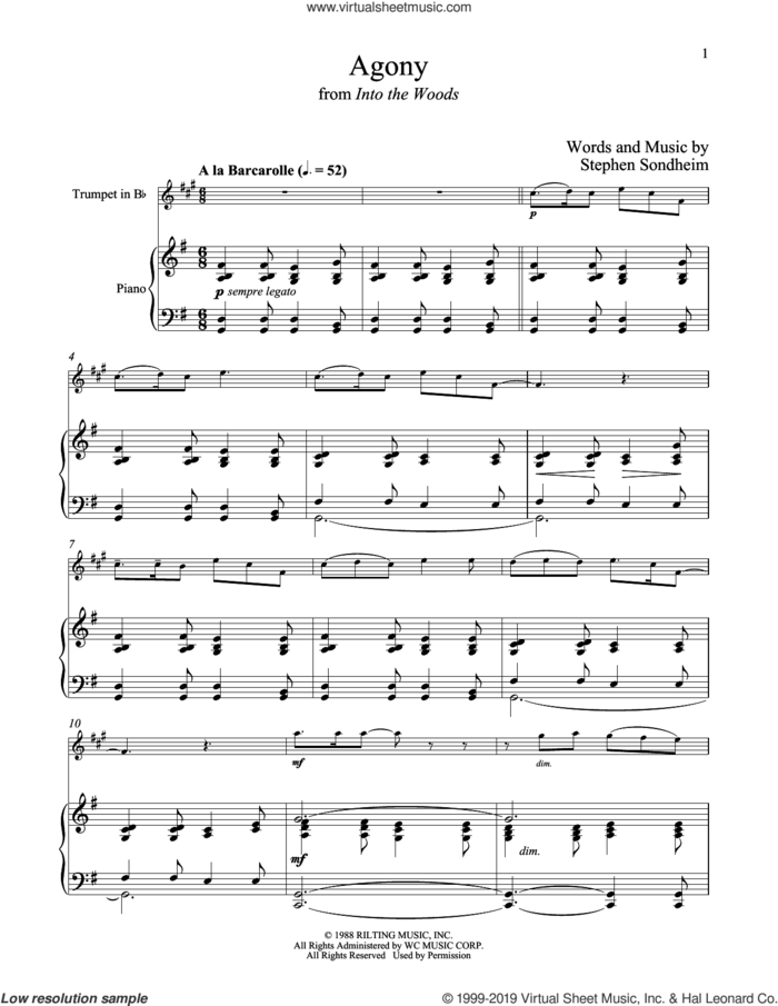 Agony (from Into The Woods) sheet music for trumpet and piano by Stephen Sondheim, intermediate skill level