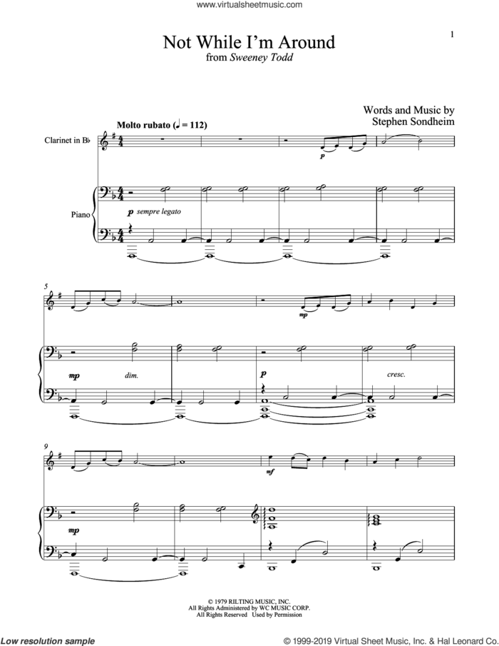 Not While I'm Around (from Sweeney Todd) sheet music for clarinet and piano by Stephen Sondheim, intermediate skill level