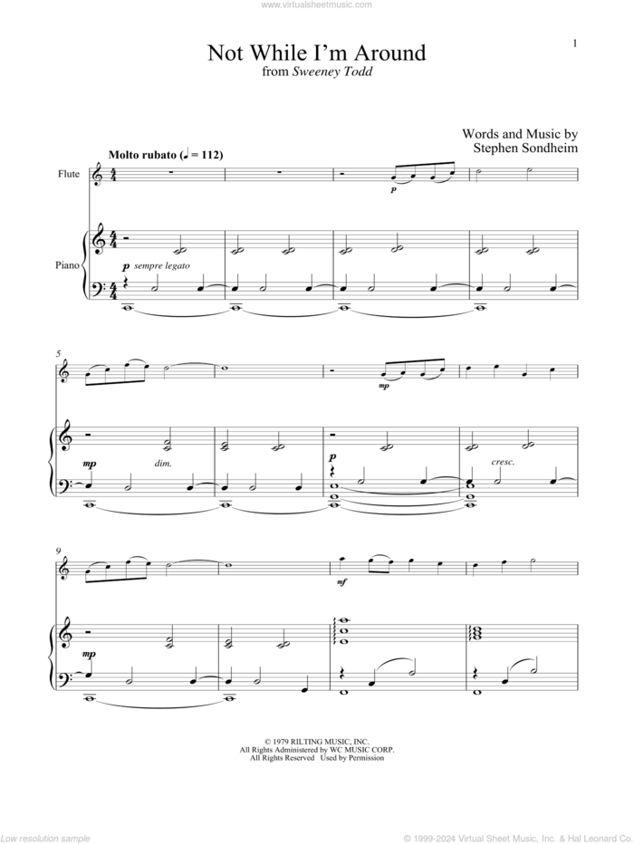 Not While I'm Around (from Sweeney Todd) sheet music for flute and piano by Stephen Sondheim, intermediate skill level