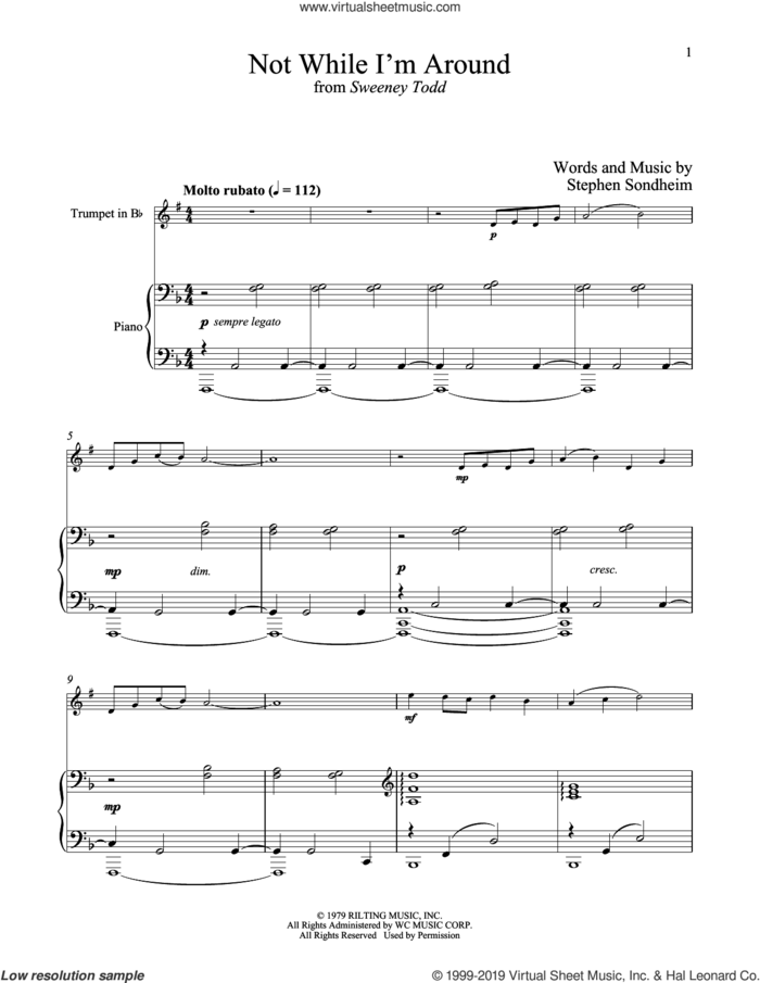 Not While I'm Around (from Sweeney Todd) sheet music for trumpet and piano by Stephen Sondheim, intermediate skill level