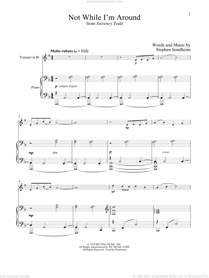 Not While I'm Around (from Sweeney Todd) sheet music for trumpet and piano by Stephen Sondheim, intermediate skill level