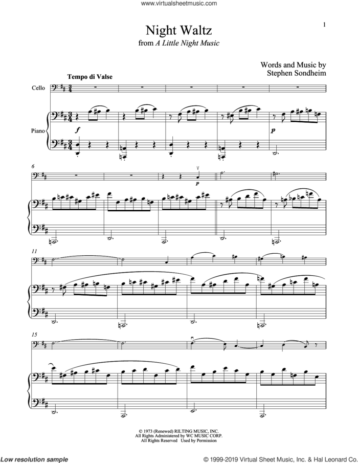 Night Waltz (from A Little Night Music) sheet music for cello and piano by Stephen Sondheim, intermediate skill level