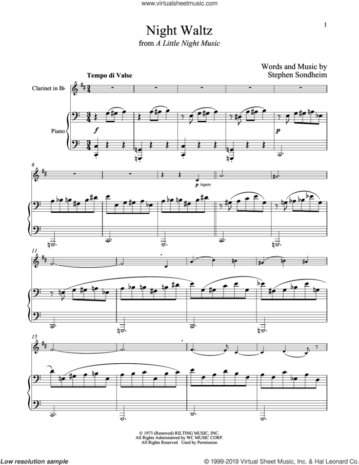 Night Waltz (from A Little Night Music) sheet music for clarinet and piano by Stephen Sondheim, intermediate skill level