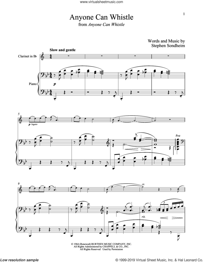 Anyone Can Whistle (from Anyone Can Whistle) sheet music for clarinet and piano by Stephen Sondheim, intermediate skill level