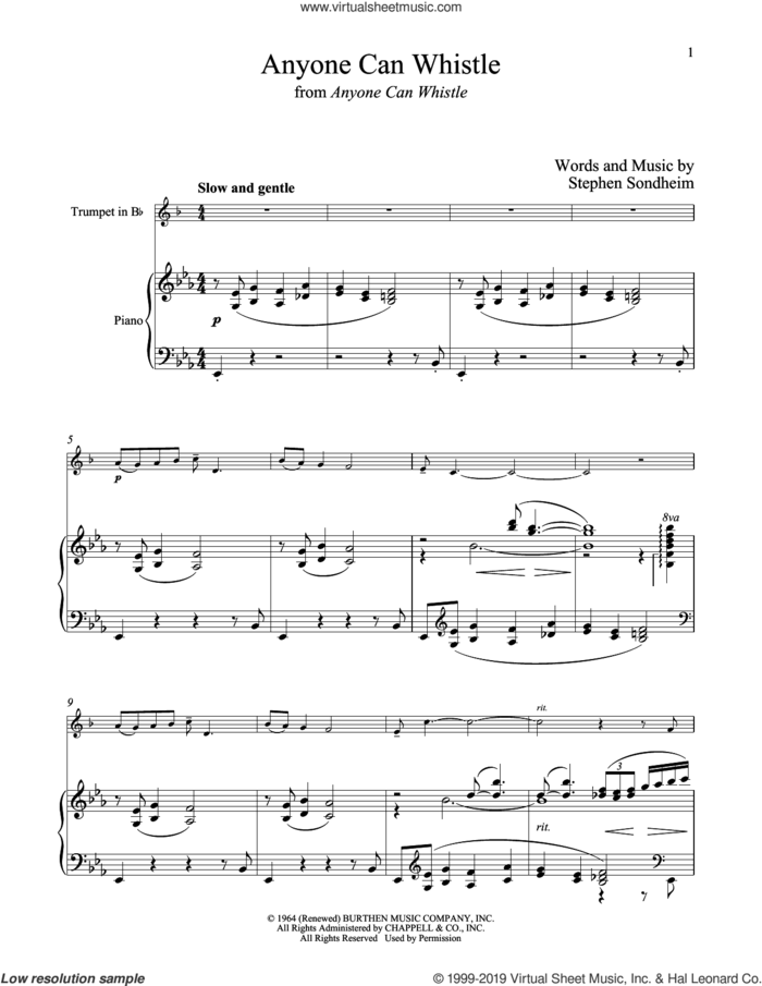 Anyone Can Whistle (from Anyone Can Whistle) sheet music for trumpet and piano by Stephen Sondheim, intermediate skill level