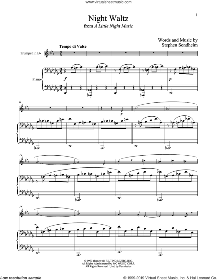 Night Waltz (from A Little Night Music) sheet music for trumpet and piano by Stephen Sondheim, intermediate skill level
