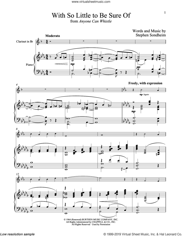 With So Little To Be Sure Of (from Anyone Can Whistle) sheet music for clarinet and piano by Stephen Sondheim, intermediate skill level