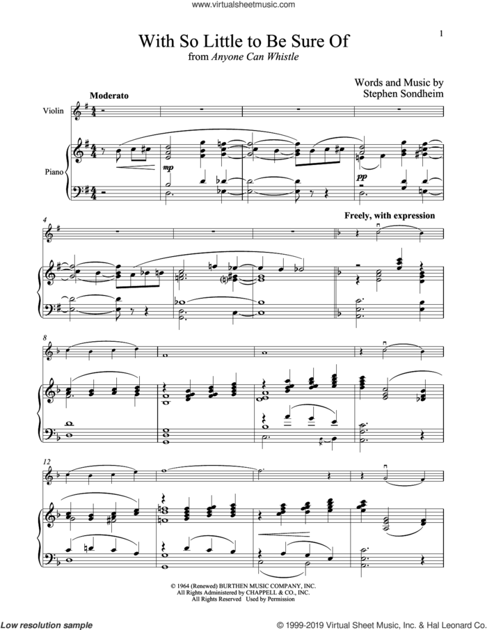 With So Little To Be Sure Of (from Anyone Can Whistle) sheet music for violin and piano by Stephen Sondheim, intermediate skill level