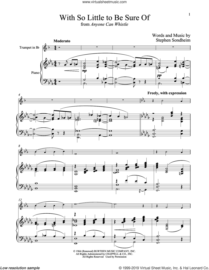 With So Little To Be Sure Of (from Anyone Can Whistle) sheet music for trumpet and piano by Stephen Sondheim, intermediate skill level