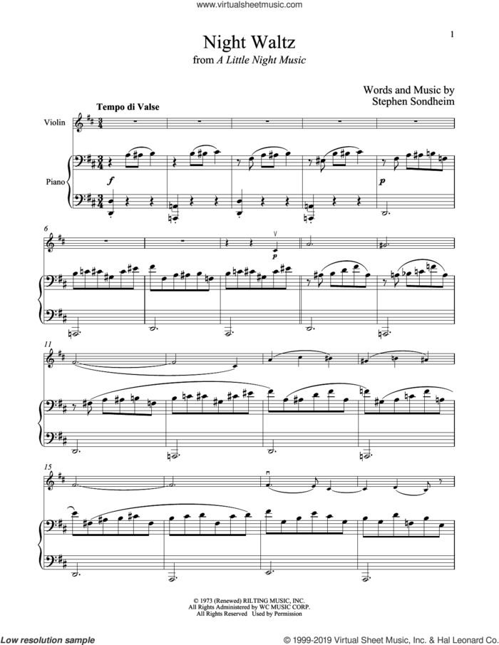 Night Waltz (from A Little Night Music) sheet music for violin and piano by Stephen Sondheim, intermediate skill level