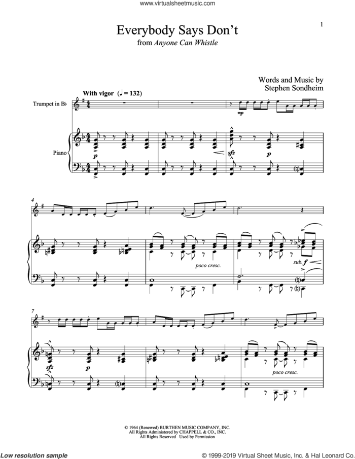 Everybody Says Don't (from Anyone Can Whistle) sheet music for trumpet and piano by Stephen Sondheim, intermediate skill level