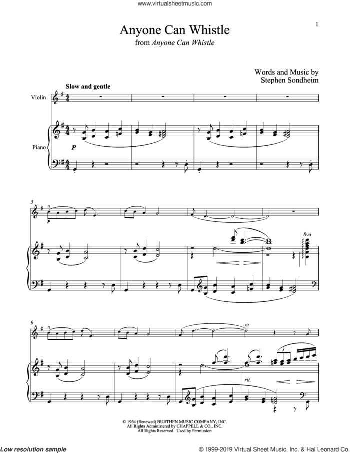Anyone Can Whistle (from Anyone Can Whistle) sheet music for violin and piano by Stephen Sondheim, intermediate skill level