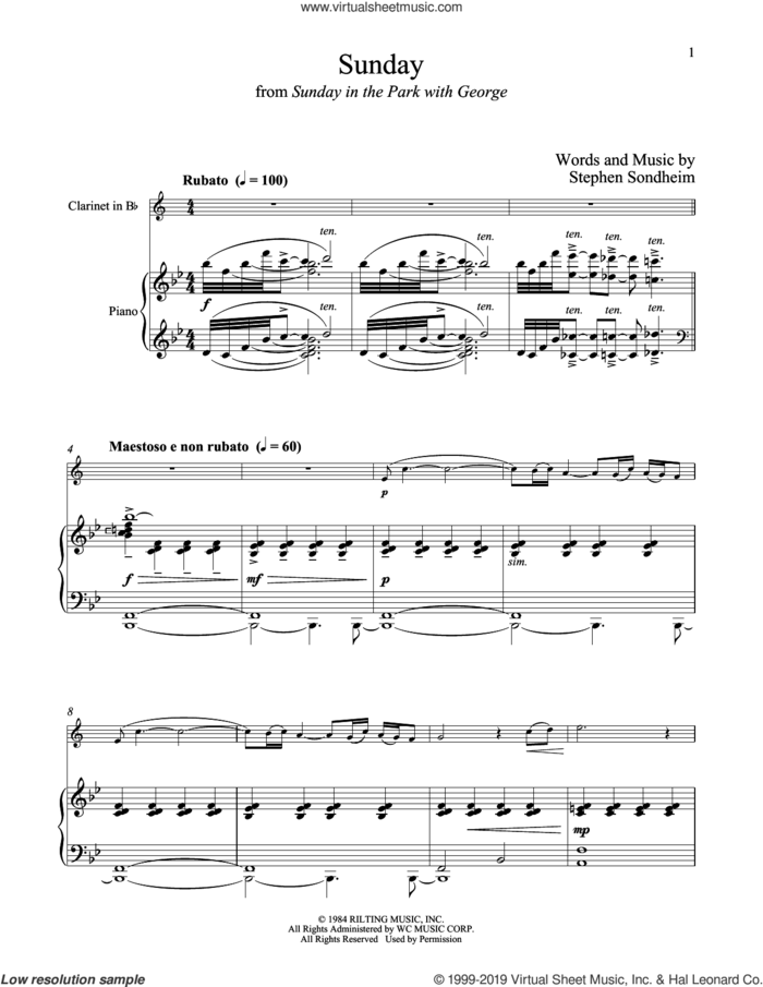 Sunday (from Sunday in the Park with George) sheet music for clarinet and piano by Stephen Sondheim, intermediate skill level