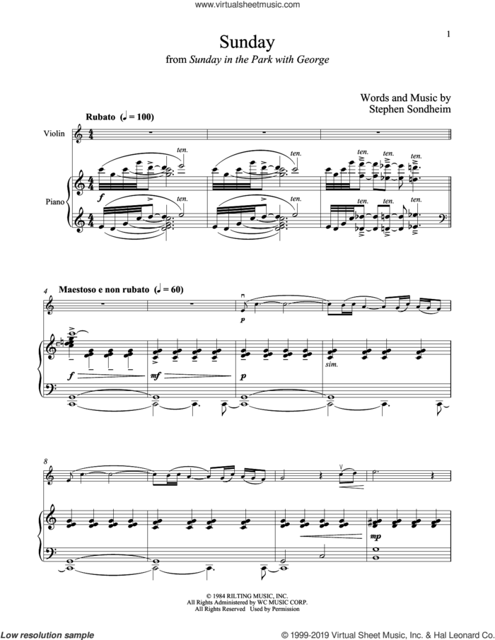 Sunday (from Sunday in the Park with George) sheet music for violin and piano by Stephen Sondheim, intermediate skill level