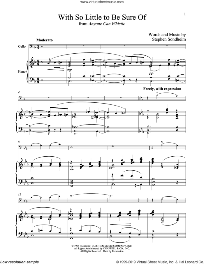 With So Little To Be Sure Of (from Anyone Can Whistle) sheet music for cello and piano by Stephen Sondheim, intermediate skill level