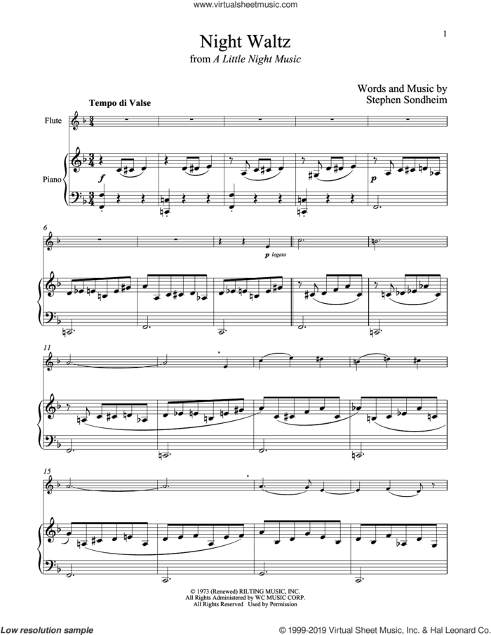 Night Waltz (from A Little Night Music) sheet music for flute and piano by Stephen Sondheim, intermediate skill level