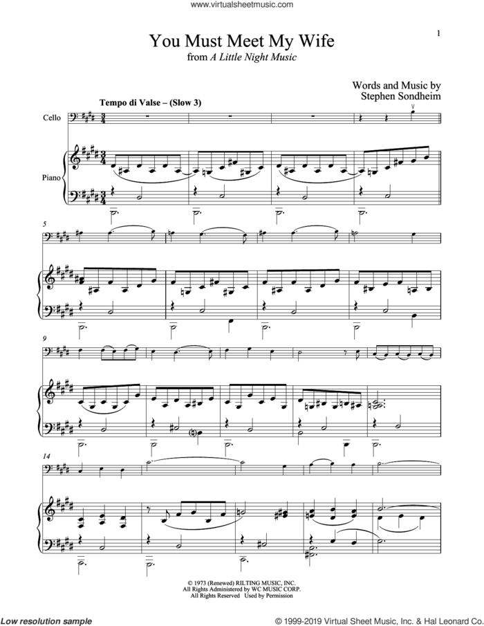 You Must Meet My Wife (from A Little Night Music) sheet music for cello and piano by Stephen Sondheim, intermediate skill level