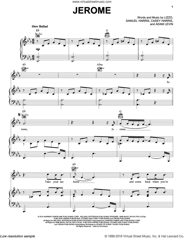 Jerome sheet music for voice, piano or guitar by Lizzo, Adam Levin, Casey Harris and Samuel Harris, intermediate skill level