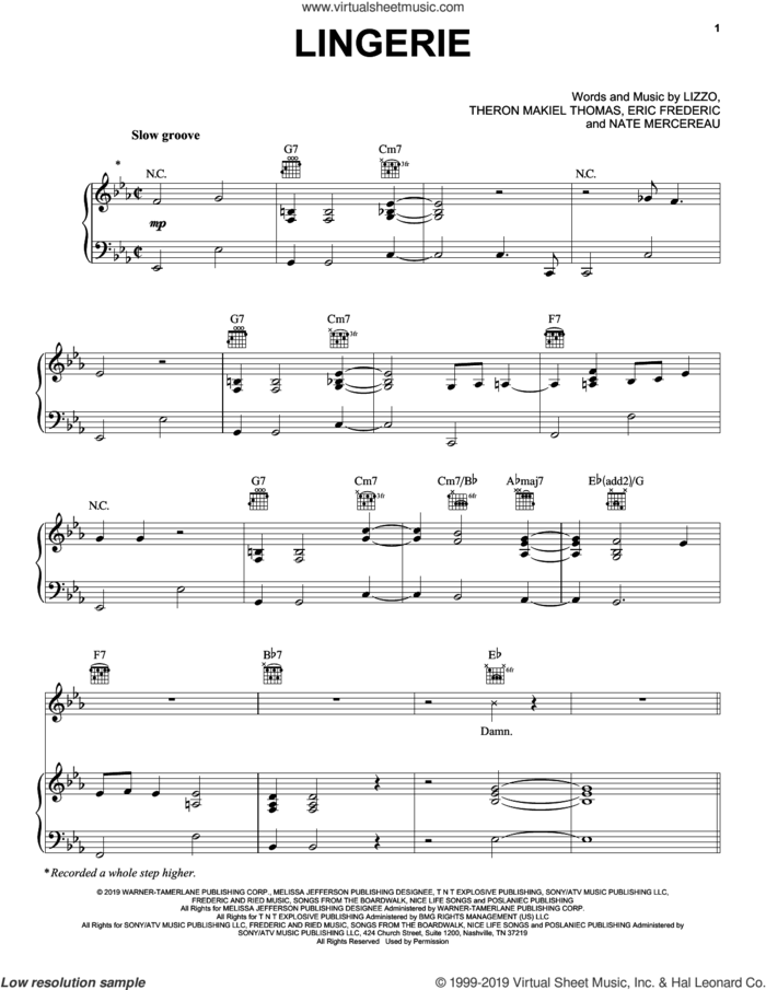 Lingerie sheet music for voice, piano or guitar by Lizzo, Eric Frederic, Nate Mercereau and Theron Makiel Thomas, intermediate skill level