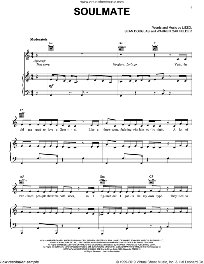 Soulmate sheet music for voice, piano or guitar by Lizzo, Sean Douglas and Warren Oak Felder, intermediate skill level