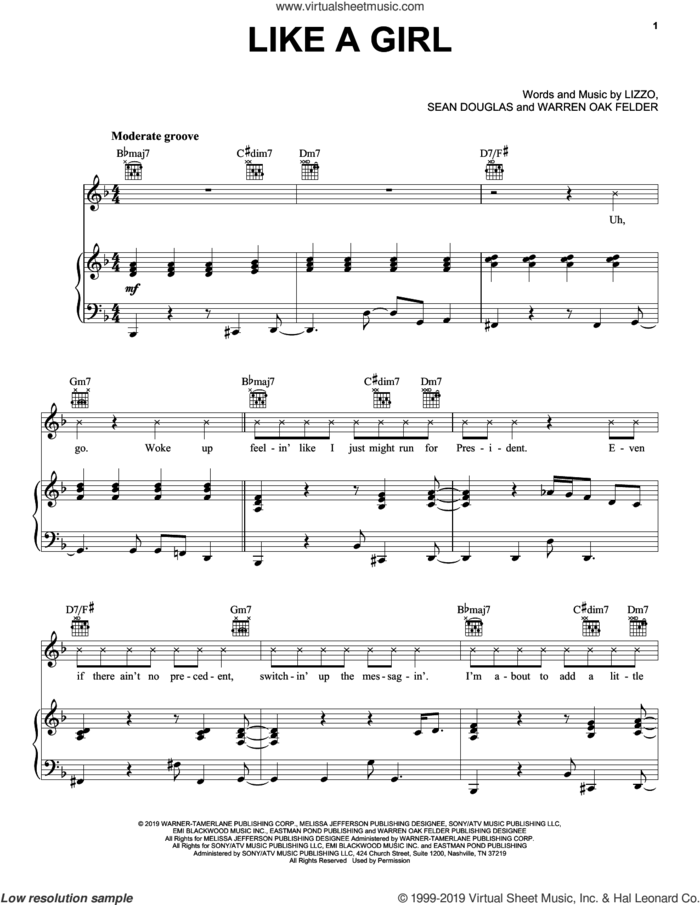 Like A Girl sheet music for voice, piano or guitar by Lizzo, Sean Douglas and Warren Oak Felder, intermediate skill level