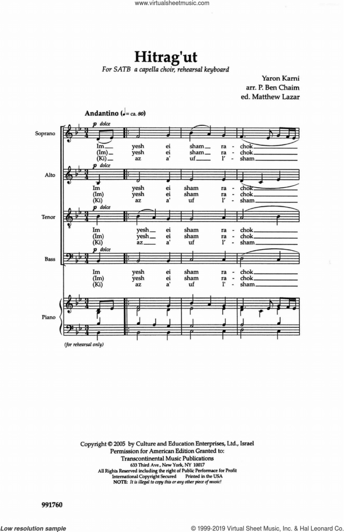Hitrag'ut (Tranquility) (arr. Paul Ben-Haim) sheet music for choir (SATB: soprano, alto, tenor, bass) by Matthew Lazar, Paul Ben-Haim and Yaron Karni, intermediate skill level