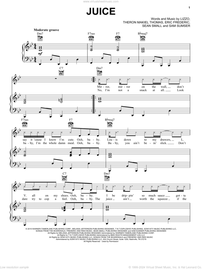 Juice sheet music for voice, piano or guitar by Lizzo, Eric Frederic, Sam Sumser, Sean Small and Theron Thomas, intermediate skill level