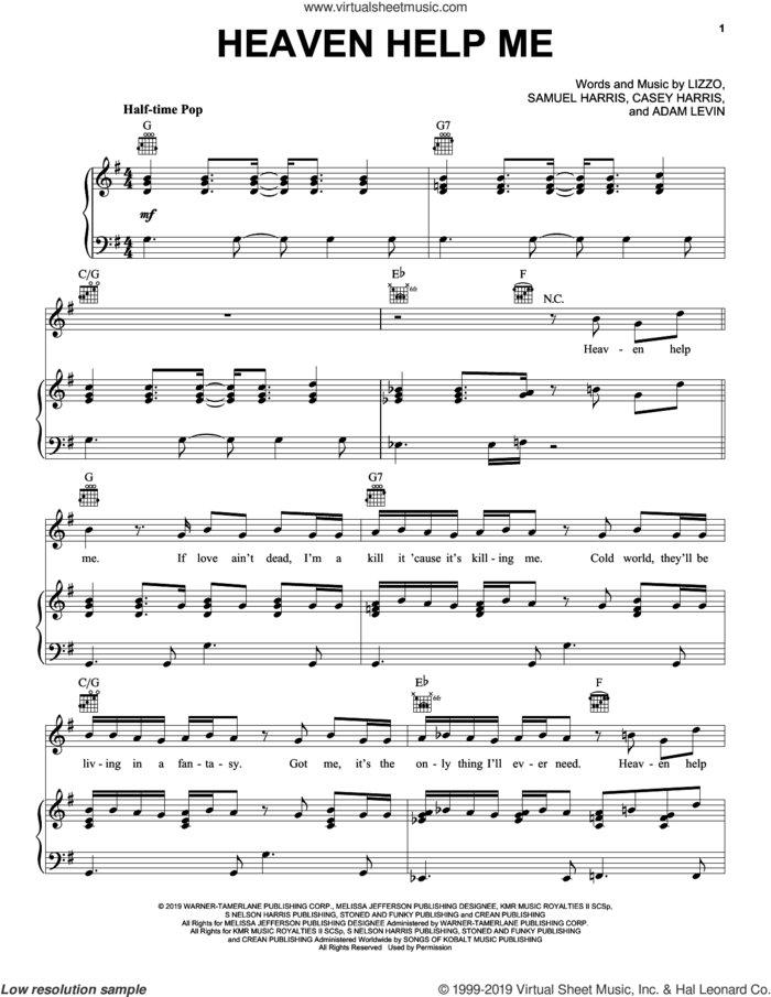 Heaven Help Me sheet music for voice, piano or guitar by Lizzo, Adam Levin, Casey Harris and Samuel Harris, intermediate skill level