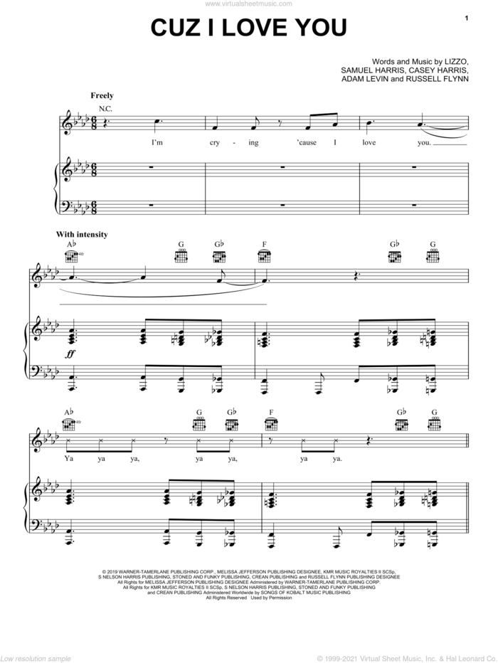 Cuz I Love You sheet music for voice, piano or guitar by Lizzo, Adam Levin, Casey Harris, Russell Flynn and Samuel Harris, intermediate skill level