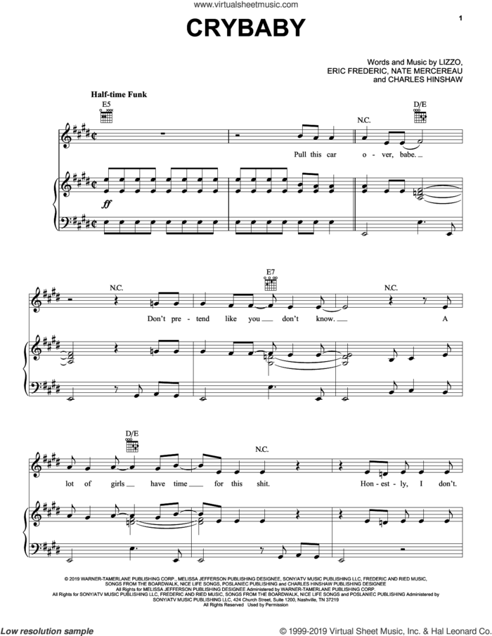Crybaby sheet music for voice, piano or guitar by Lizzo, Charles Hinshaw, Eric Frederic and Nate Mercereau, intermediate skill level