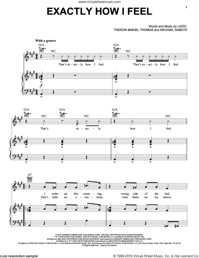 Exactly How I Feel (feat. Gucci Mane) sheet music for voice, piano or guitar by Lizzo, Michael Sabath and Theron Makiel Thomas, intermediate skill level