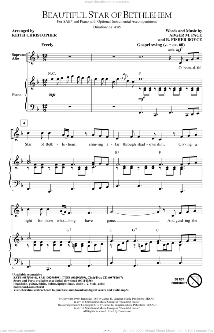 Beautiful Star Of Bethlehem (arr. Keith Christopher) sheet music for choir (SAB: soprano, alto, bass) by Adger M. Pace and R. Fisher Boyce, Keith Christopher, Adger M. Pace and R. Fisher Boyce, intermediate skill level