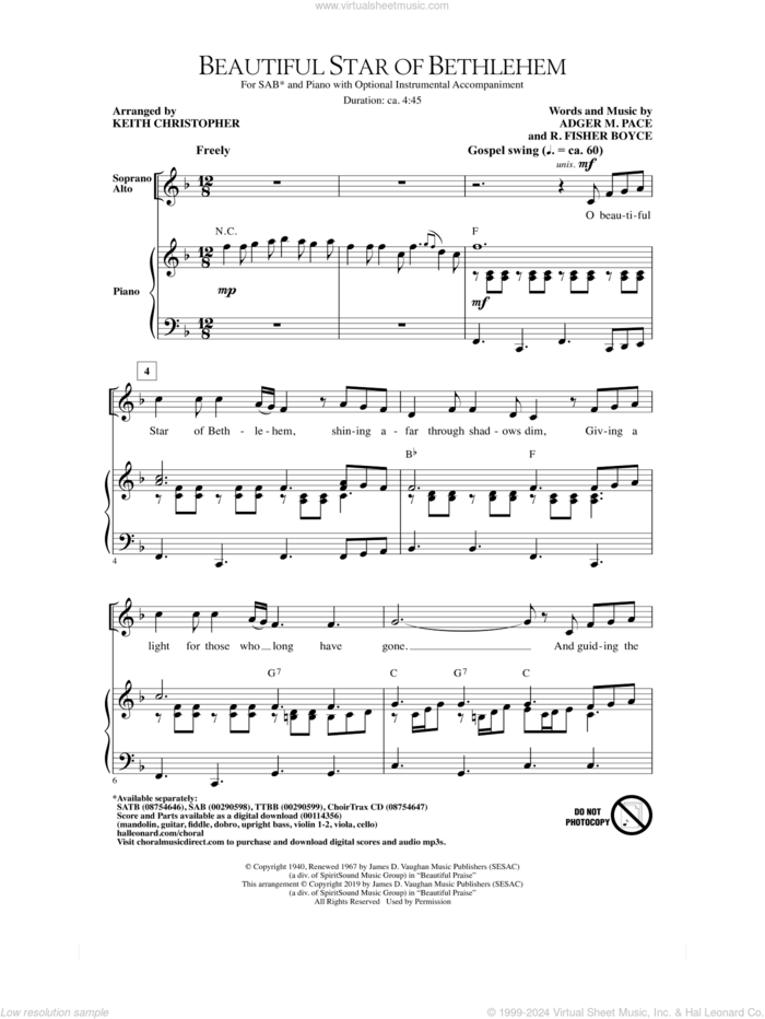 Beautiful Star Of Bethlehem (arr. Keith Christopher) sheet music for choir (SAB: soprano, alto, bass) by Adger M. Pace and R. Fisher Boyce, Keith Christopher, Adger M. Pace and R. Fisher Boyce, intermediate skill level