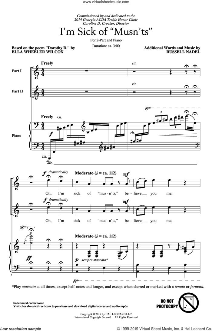 I'm Sick Of Mustn'ts sheet music for choir (2-Part) by Russell Nadel and Ella Wheeler Wilcox, intermediate duet