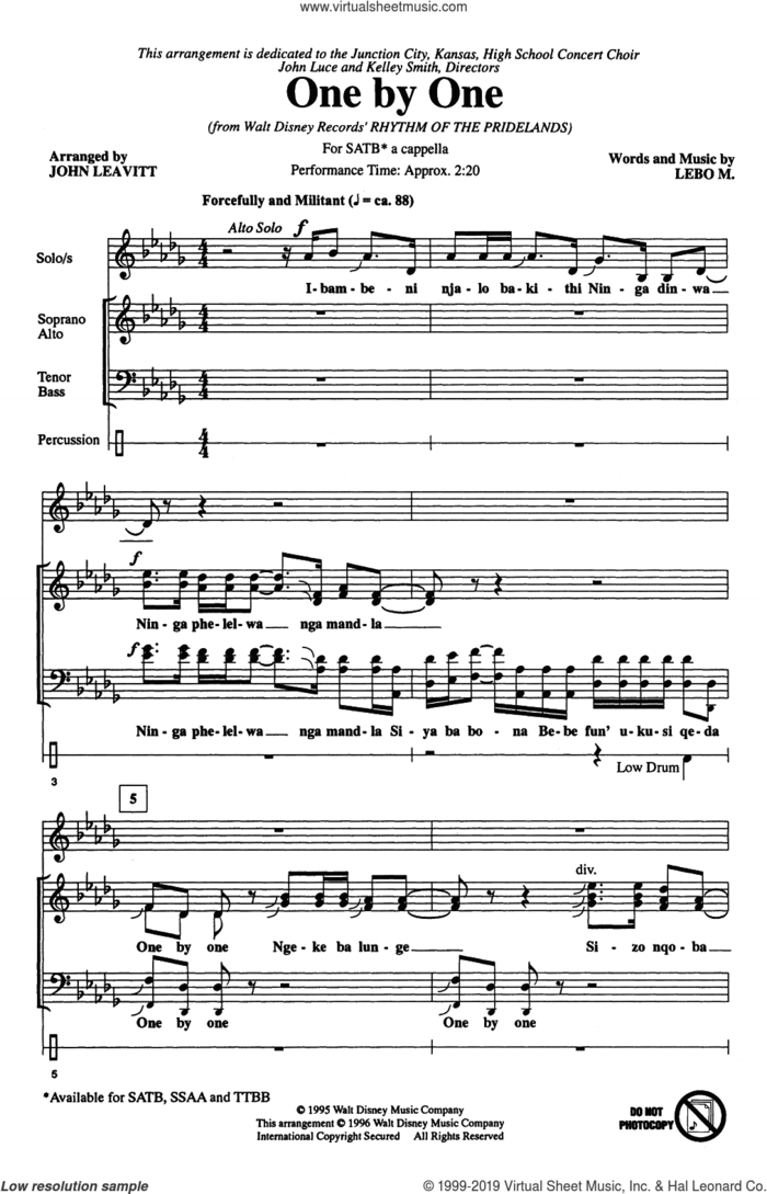 One By One (from Rhythm of the Pridelands) (arr. John Leavitt) sheet music for choir (SATB: soprano, alto, tenor, bass) by Lebo M. and John Leavitt, intermediate skill level