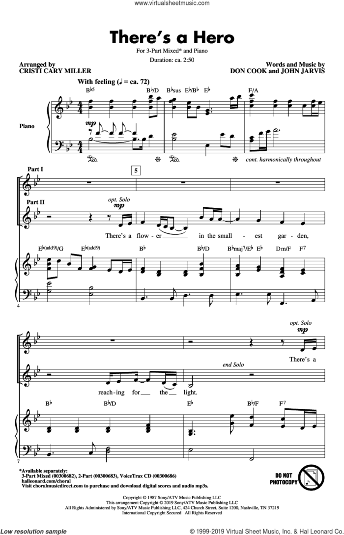 There's A Hero (arr. Cristi Cary Miller) sheet music for choir (3-Part Mixed) by John Jarvis, Cristi Cary Miller, Don Cook and Don Cook and John Jarvis, intermediate skill level